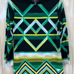Style & Co Women's Small 3/4 Sleeve Black & Green Geometric Short Dress or Tunic
